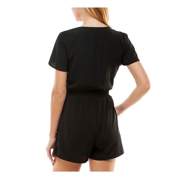 BEBOP Womens High Waist Romper Black Flutter Sleeve V Neck Tie Front Juniors XS - Picture 2 of 5